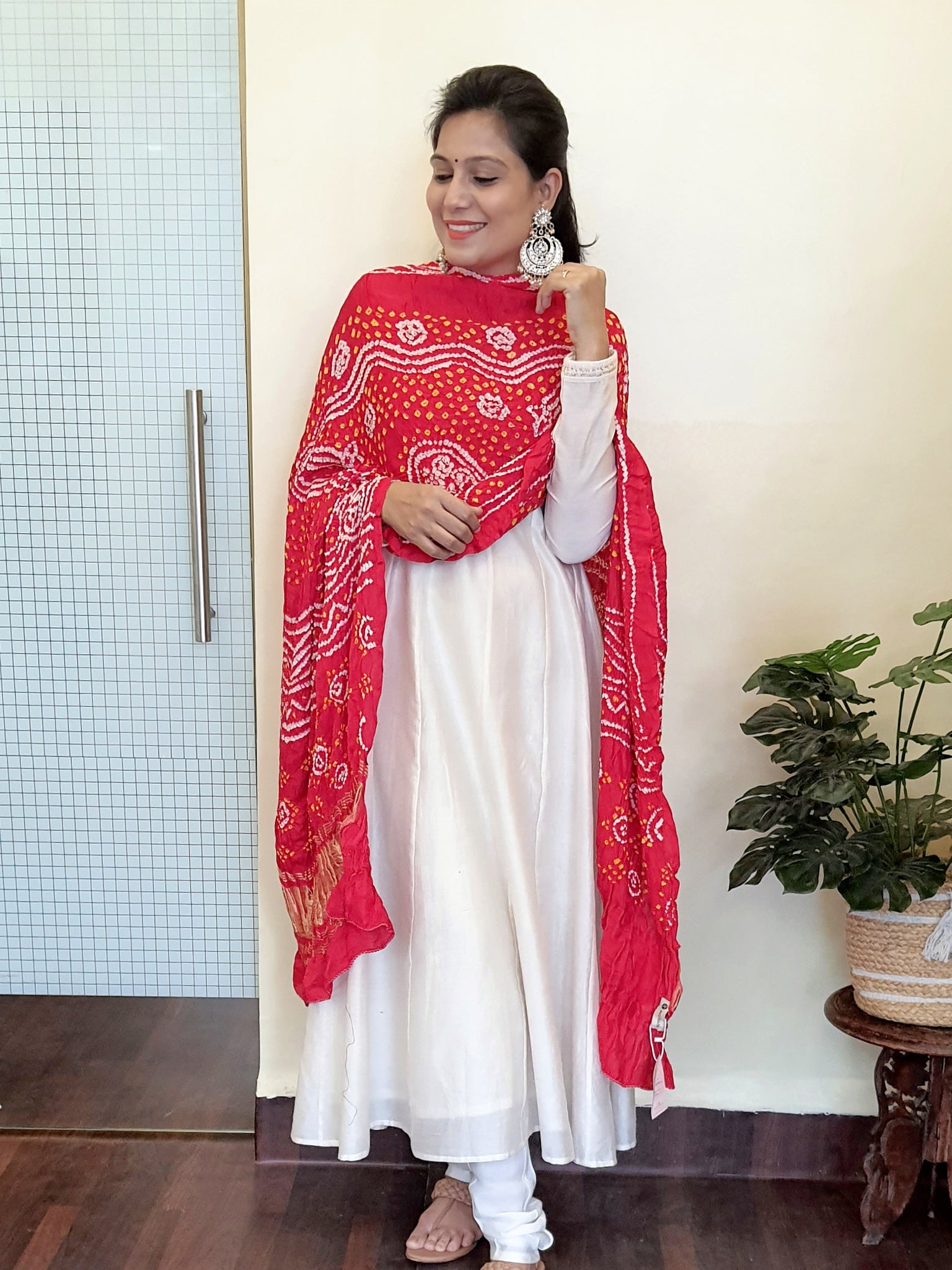 Red Rose Floral Printed Long Dress with Lehriya printed Doriya Dupatta